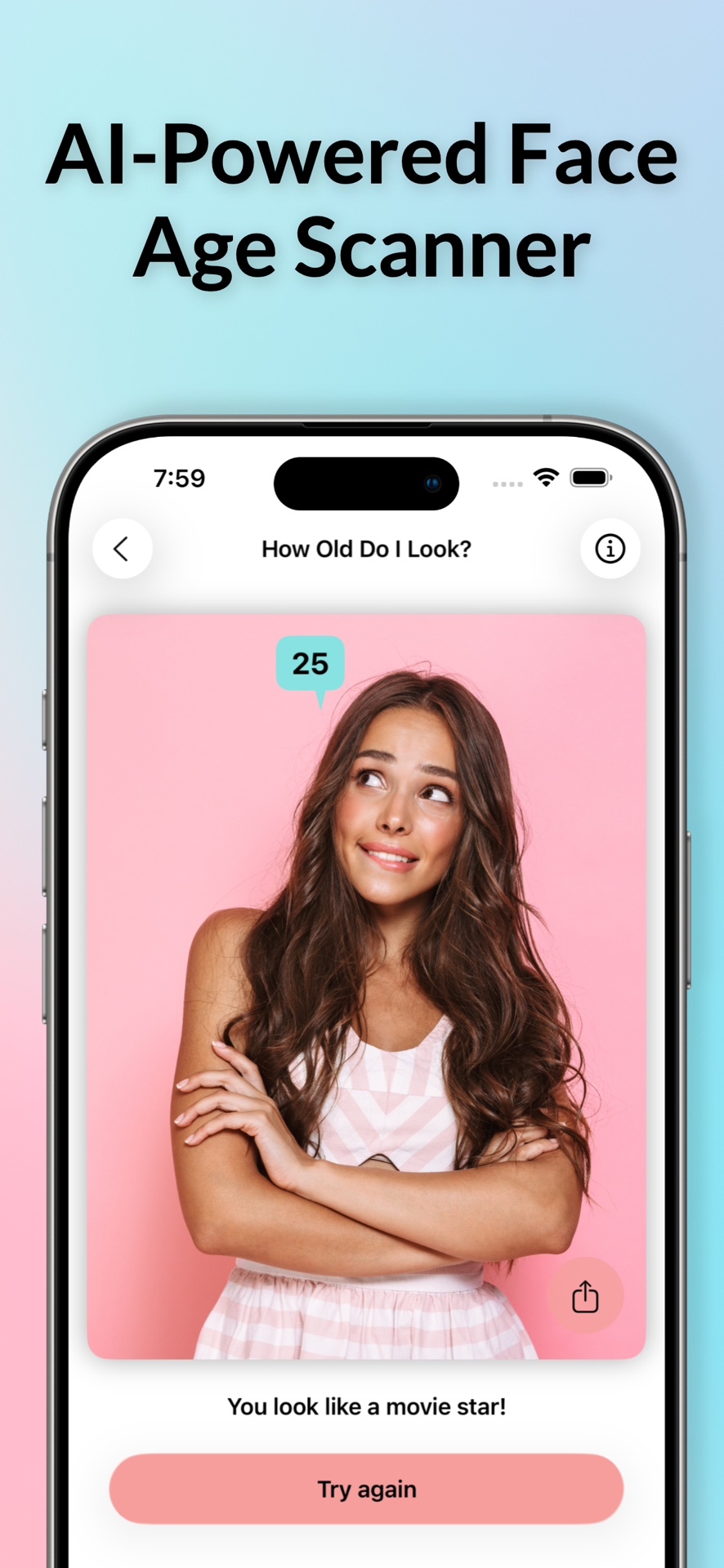 Scanner d'âge facial IA estimant l'âge d'une personne à 25 ans sur un selfie