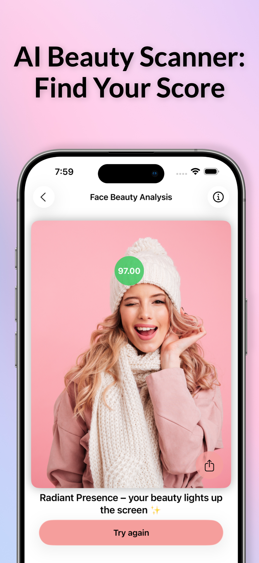 Scanner de beauté IA affichant un score d'analyse de beauté du visage de 97,00